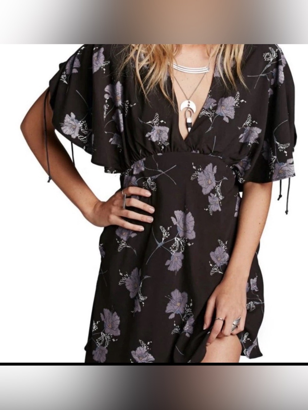 Free People Melanie Black Floral V-Neck Women's Dress Size 6